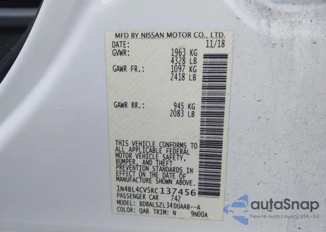 2019 Nissan Altima 2.5 Sr z USA, uszkodzony, nr VIN 1N4BL4CV5KC137456